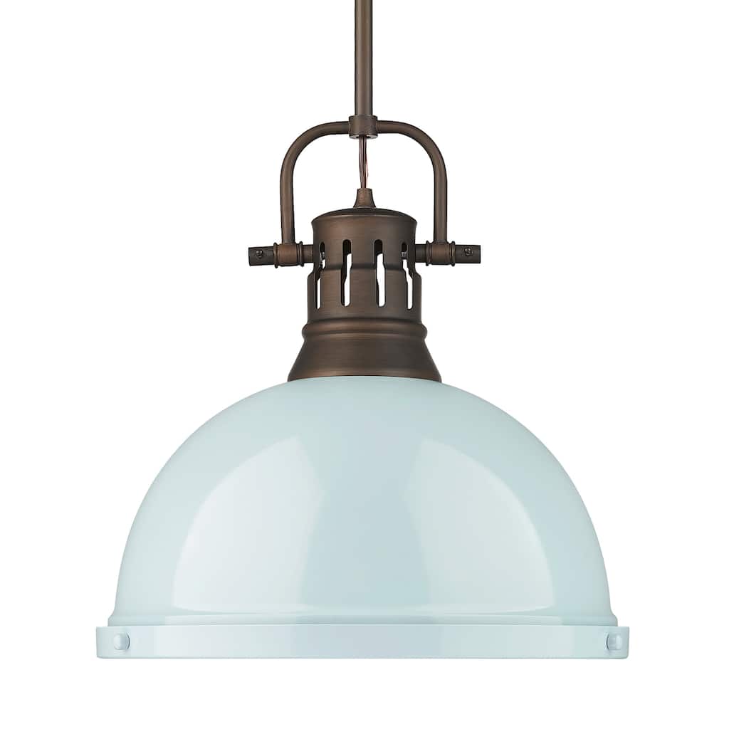 Yep by Golden Lighting Duncan 1-light 14in Rod Hung Pendant in Rubbed Bronze and Seafoam shade