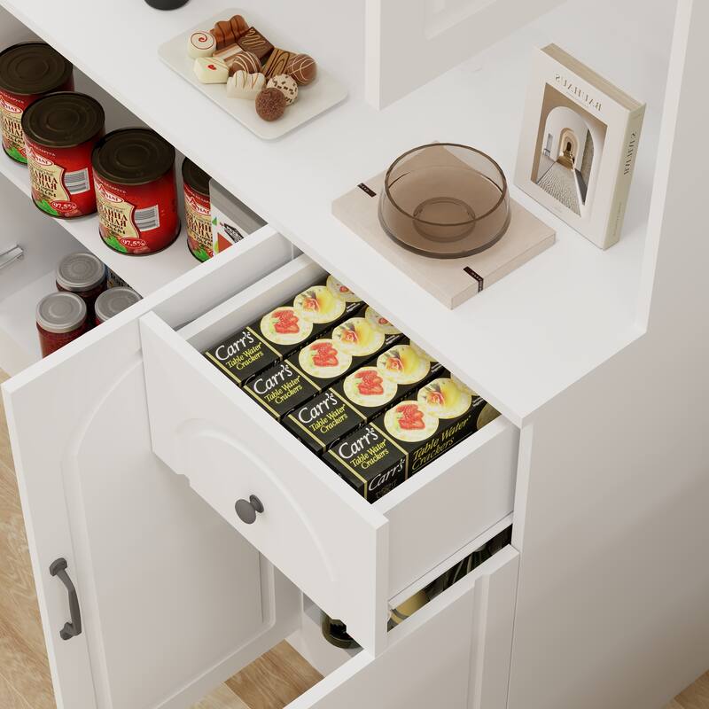Kitchen Pantry with Microwave Countertop, Storage Cabinet with 6 Doors and 1 Drawer, Cupboard with Adjustable Shelves