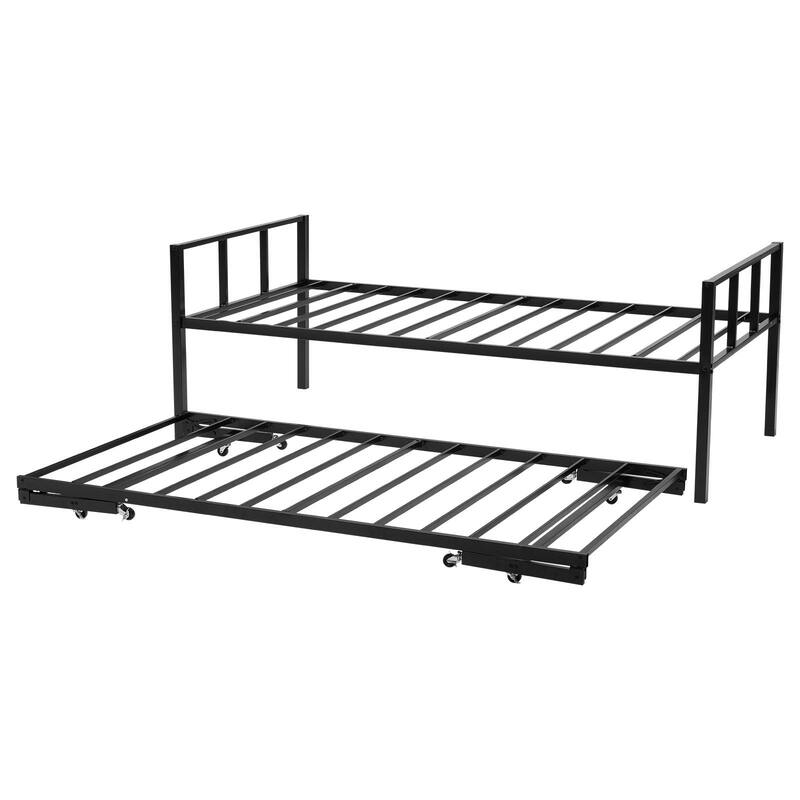 Twin Daybed Frame with Trundle and Metal Slats for Guest Rooms