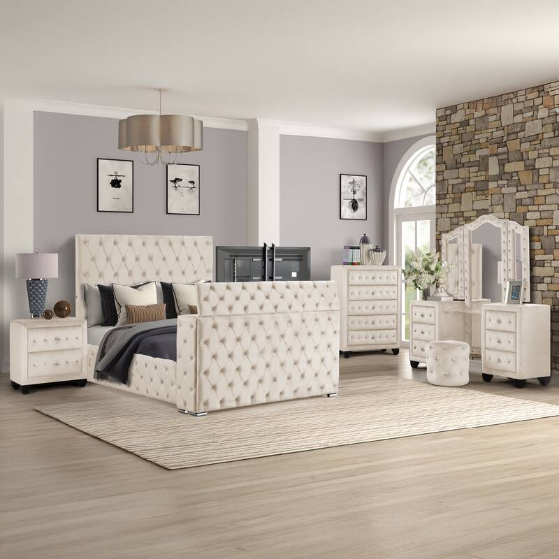 Encore King / Queen 4PC / 5PCS Vanity Bedroom Set in Beige / Black / Gray