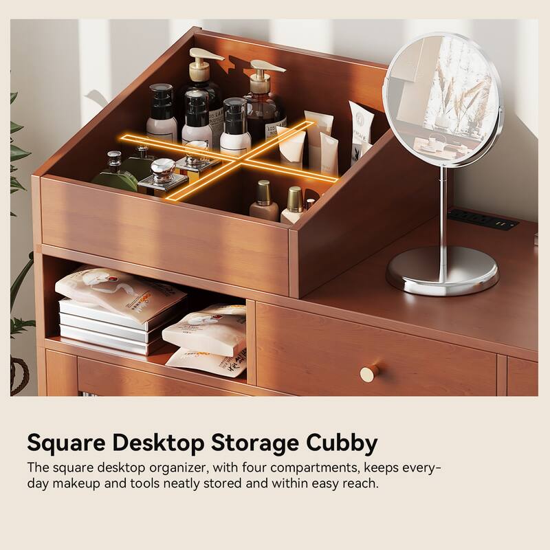 2-Piece Bedroom Set Includes Dressing Table & Upholstered Stool, Makeup Vanity Desk with Charging Station, Drawers & Cabinet