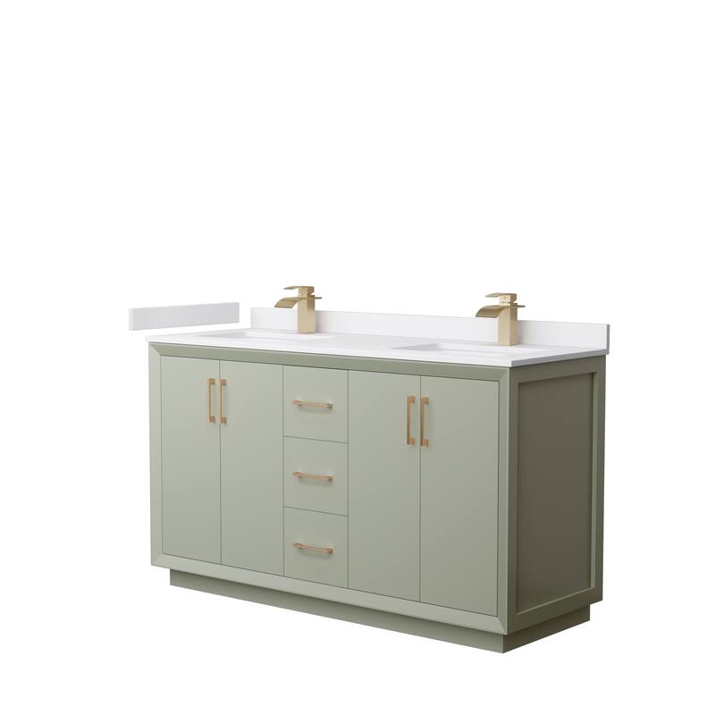 Strada 60-Inch Double Vanity Set, Cultured Marble Top - Light Green, Bronze Trim,White Cultured Marble Top