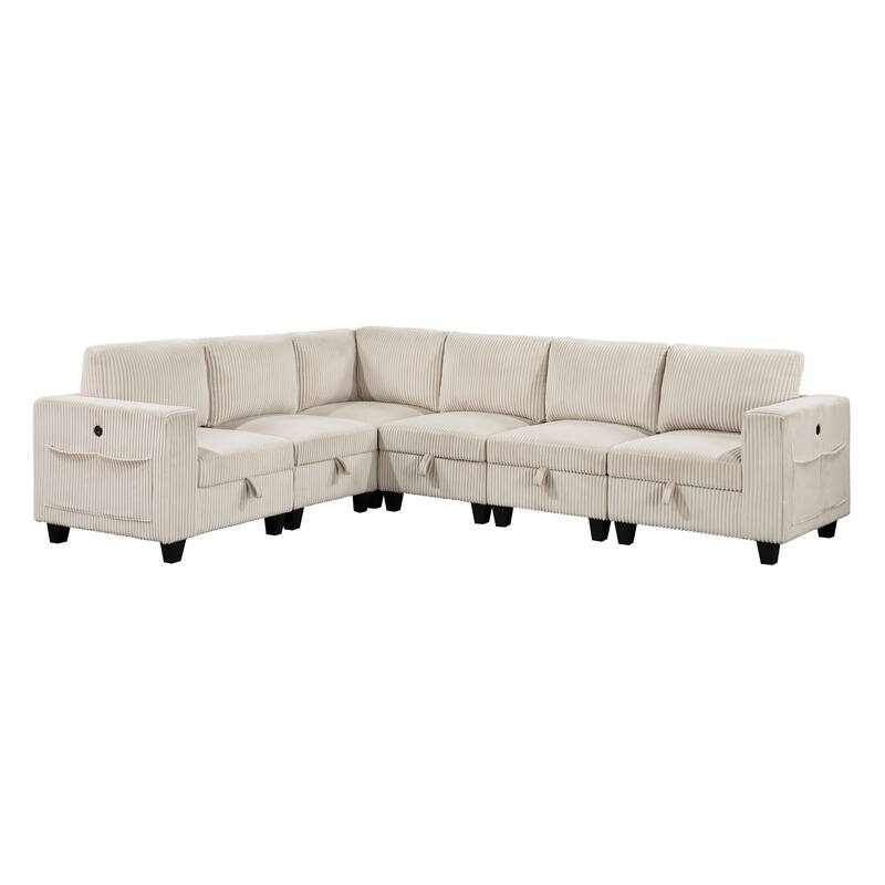 6-Piece Modular Sectional with Storage, Pockets, Ports in Beige Corduroy, Solid Wood
