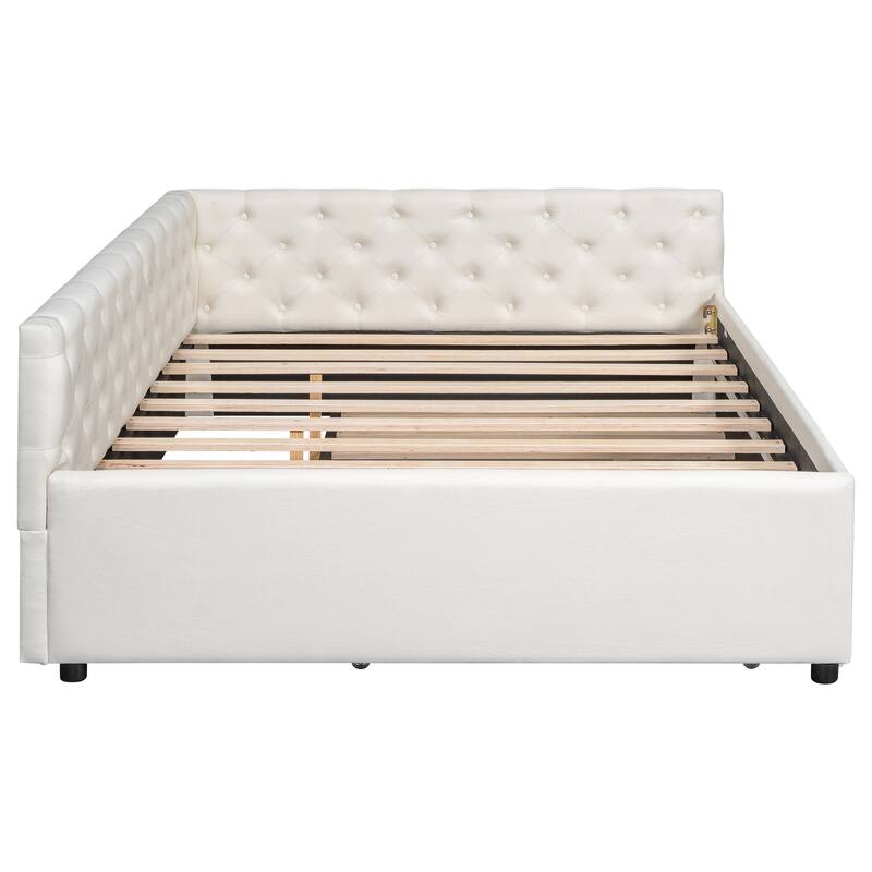 Full XL Size Upholstered Platform Bed Frame with Trundle, Elegant Tufted Button Design and Extra Sleeping Space for Bedroom