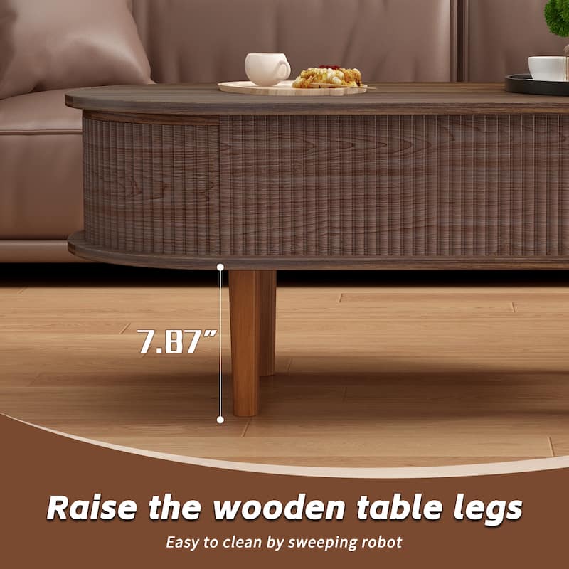 Fluted Lift Top Coffee Table with Hidden Compartment, Wooden Center Table, Modern Oval Lift Tabletop for Home Living Room