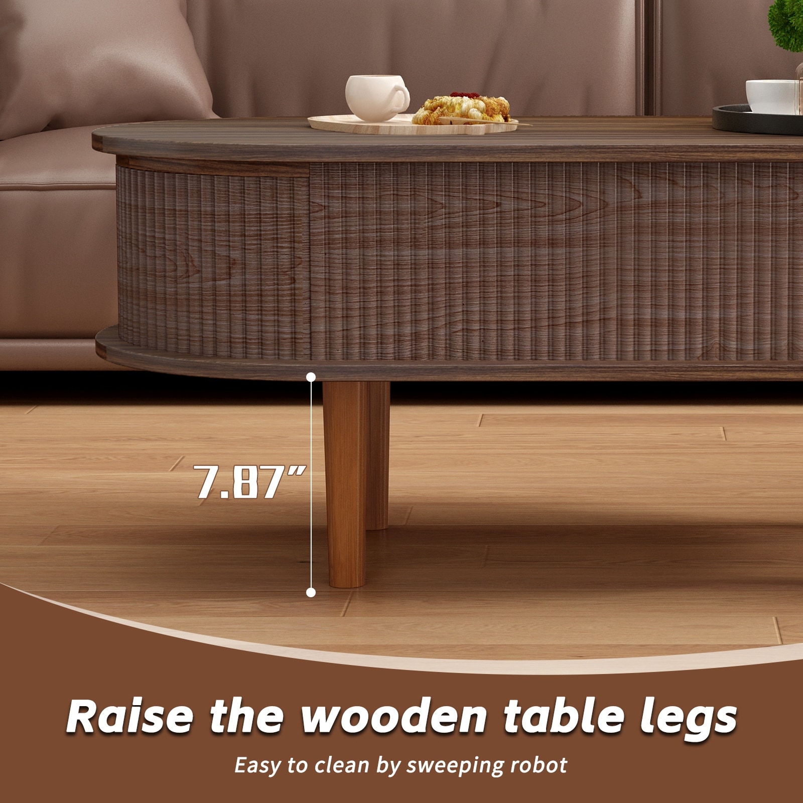 Fluted Lift Top Coffee Table with Hidden Compartment, Wooden