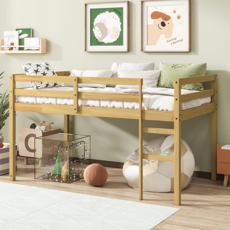 Solid Wooden, Rubber Wooden Twin Loft Bed with Ladder, Bed Platform of Strengthened Slats