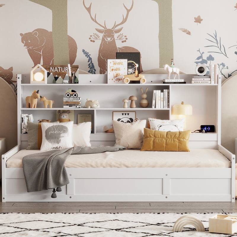 Twin Size Daybed Frame with Storage Bookcases and Underneath Storage, USB Charging Station - White