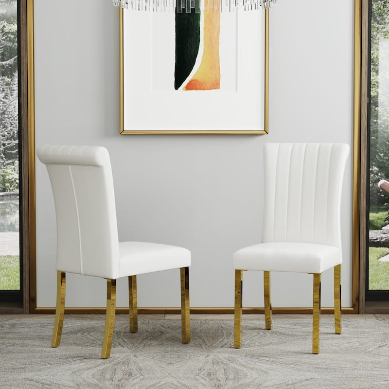 Luxury PU Leather Parsons Dining Chairs Side Chairs with Rolled Back and Stainless Steel Legs