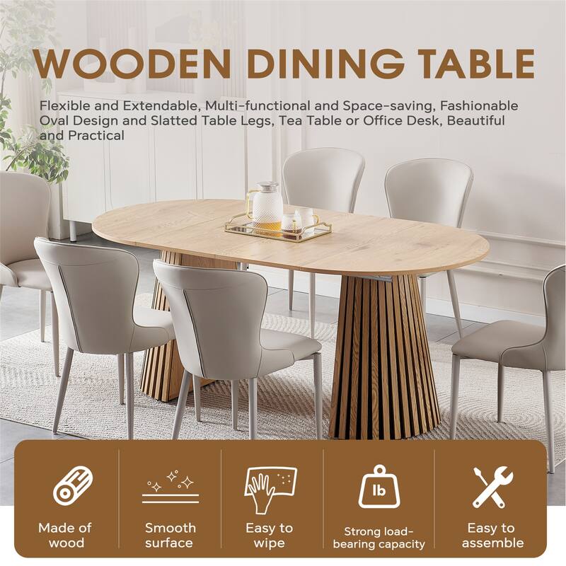 Extendable Oval Wood Dining Table, Multi-Functional Desk with Slatted Legs