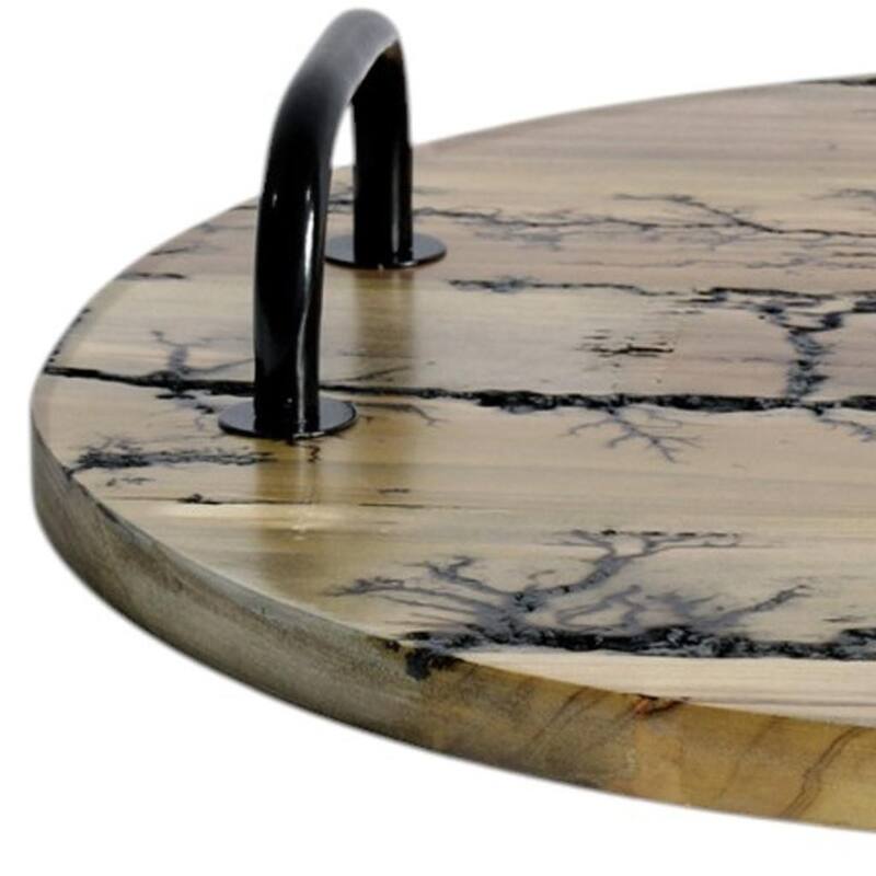HomeRoots 16" Brown And Black Solid Wood Abstract Round Serving Tray With Handles - 16.00 in. x 3.00 in. x 16.00 in.