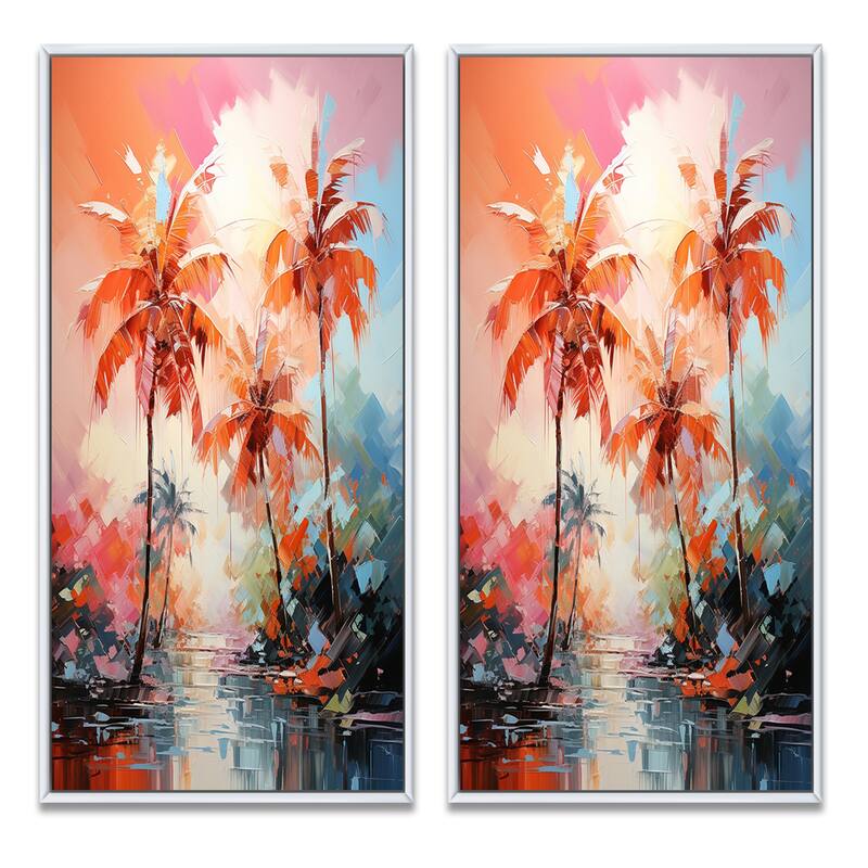 Designart "Orange Pink Palm Trees Abstract" Palms & Palm Trees Framed Wall Art Set Of 2 - Wall Set For Home Decor