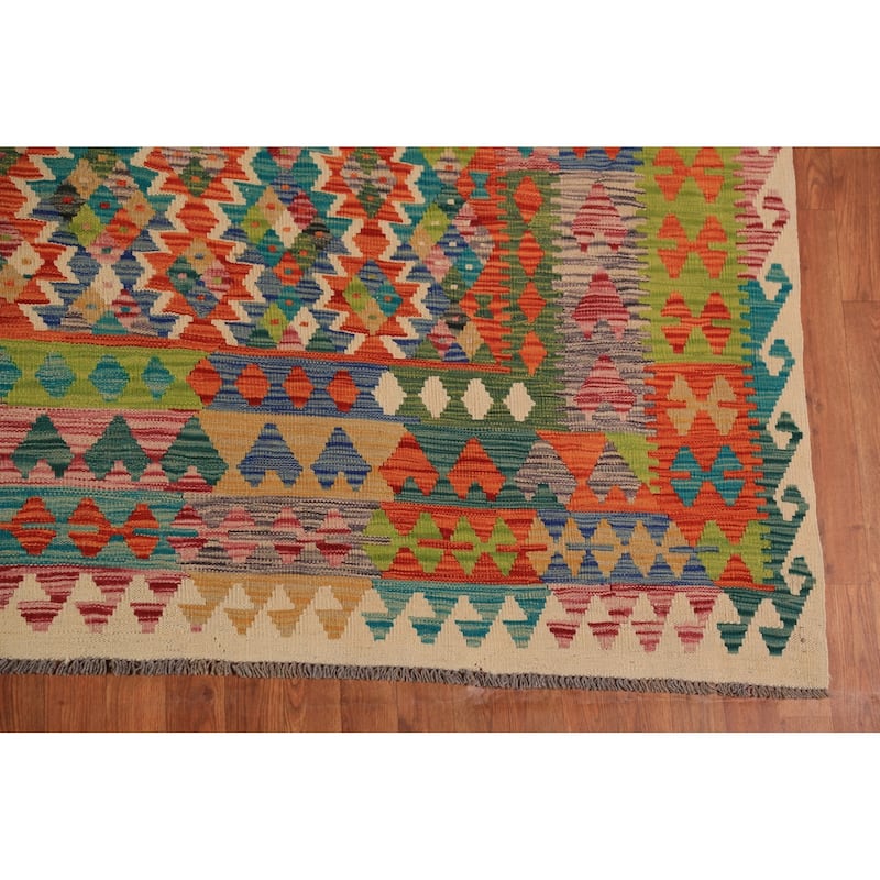 Reversible Kilim Oriental Area Rug Hand-Woven Geometric Wool Carpet - 10'0"x 12'10"