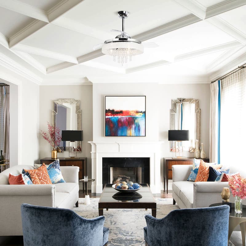 42" Chrome Modern Retractable Chandelier Ceiling Fan with Light and Remote