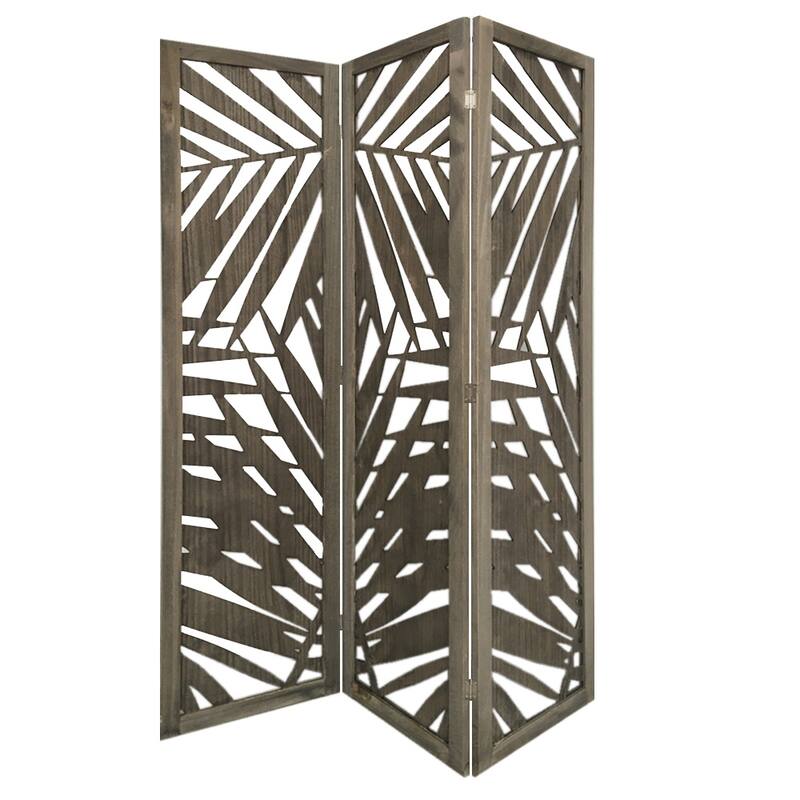 3 Panel Wooden Screen with Laser Cut Tropical Leaf Design, Gray