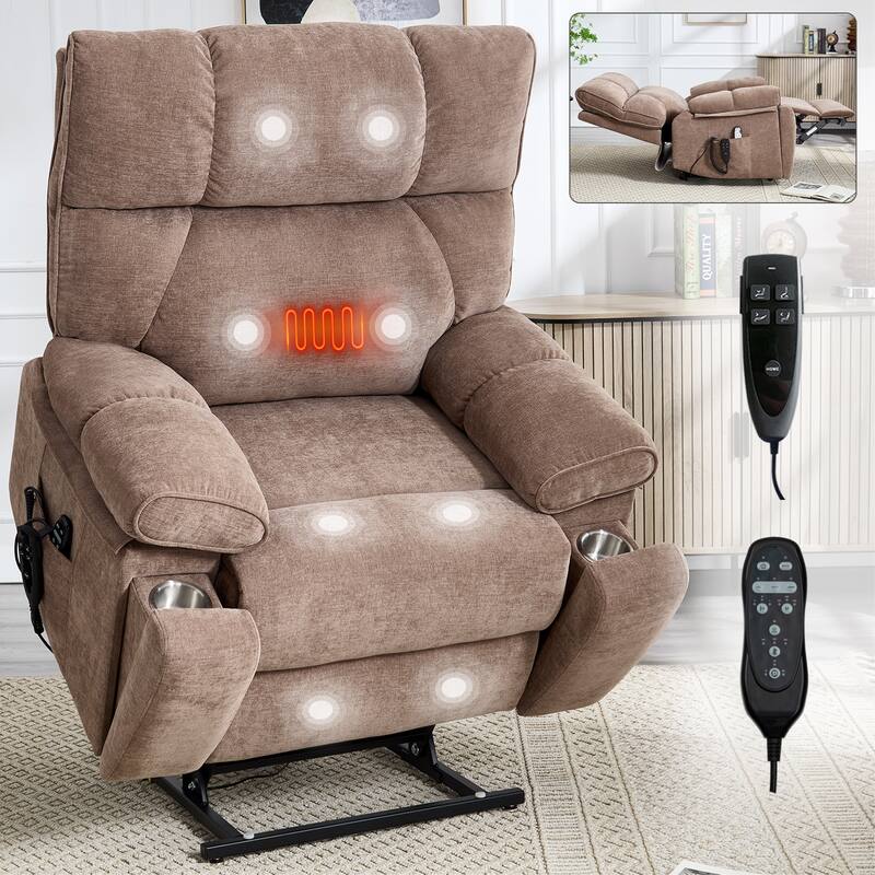 Heat Massage Dual Motor Infinite Position Large Electric Power Lift Recliners - Brown-Chenille
