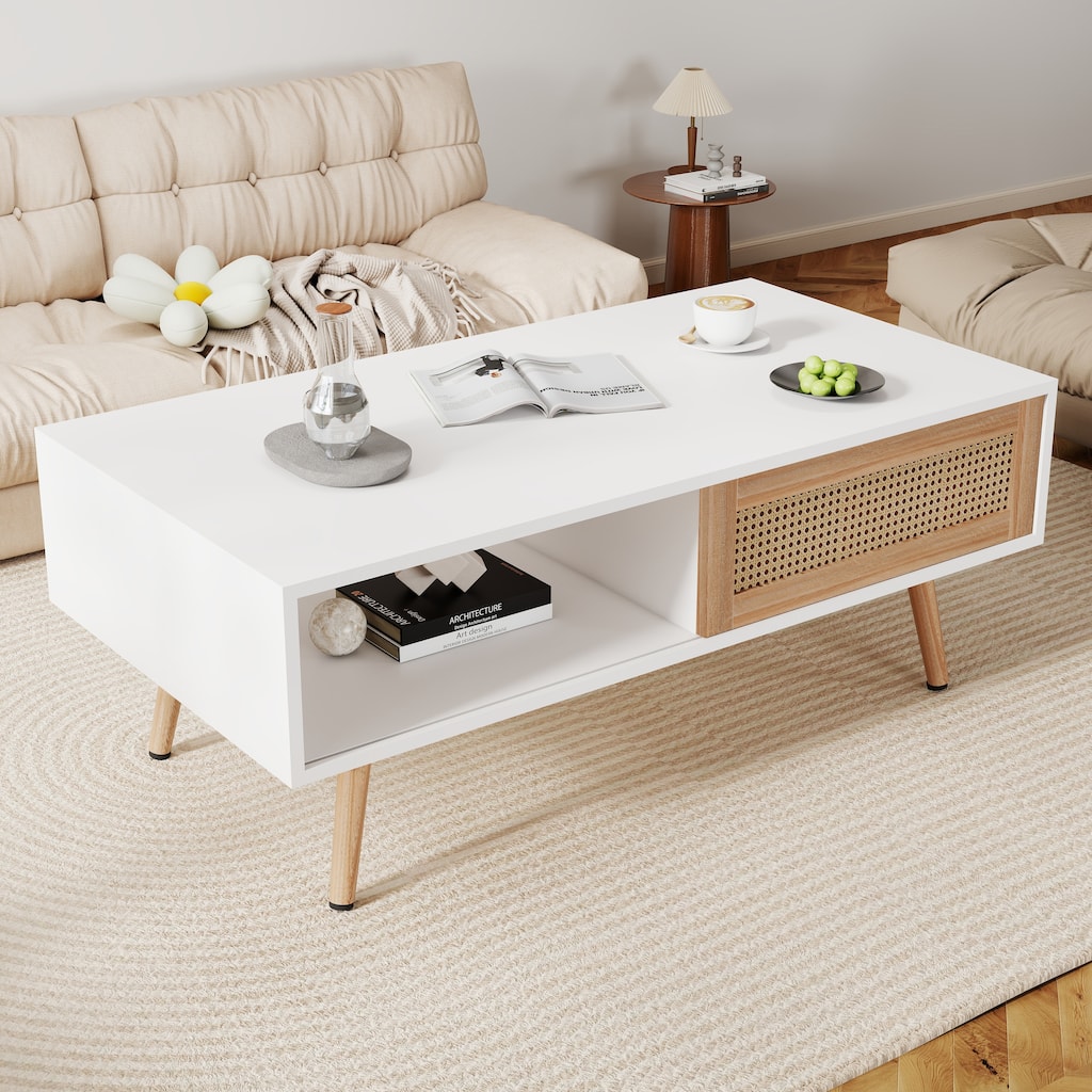 Anmytek White Rattan Coffee Table 41.34 Inch with Storage Sliding Door and Solid Wood Legs for Living Room