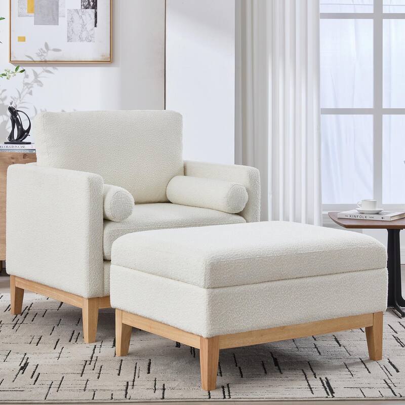 Boucle Armchair with Storage Ottoman - 300lb Capacity, Farmhouse Style