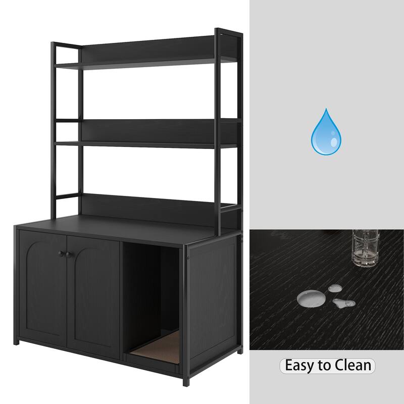 Multi-Functional Cat Litter Box Enclosure, Wooden Cat House with Scratch Pad and Shelf Storage