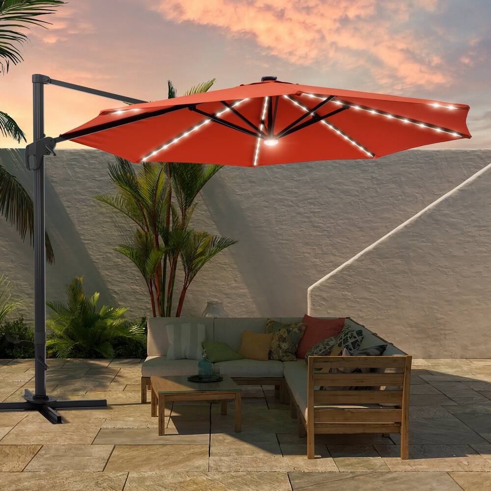 BONOSUKI 11FT LED Cantilever Patio Umbrella Angle Adjustment w/Cross Base