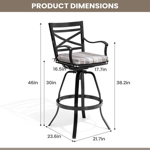 dimension image slide 5 of 7, Outdoor Patio Bar Stools Aluminum Swivel Bar Chair with Sunbrella Cushion - 21.7 in W x 16.5 in D x 46 in H