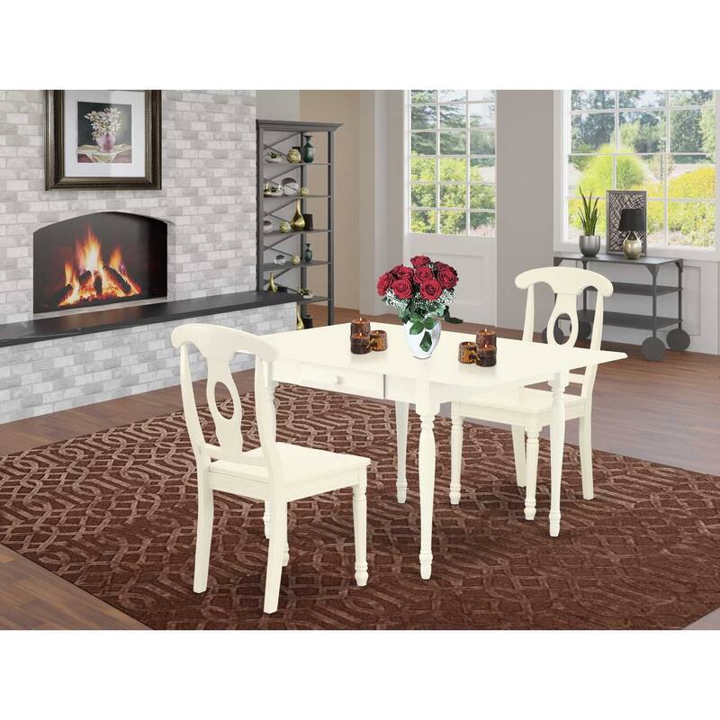 HomeStock 3-Pc Linen White Finish Solid Wood Top with Dropleaf Dining Table Set
