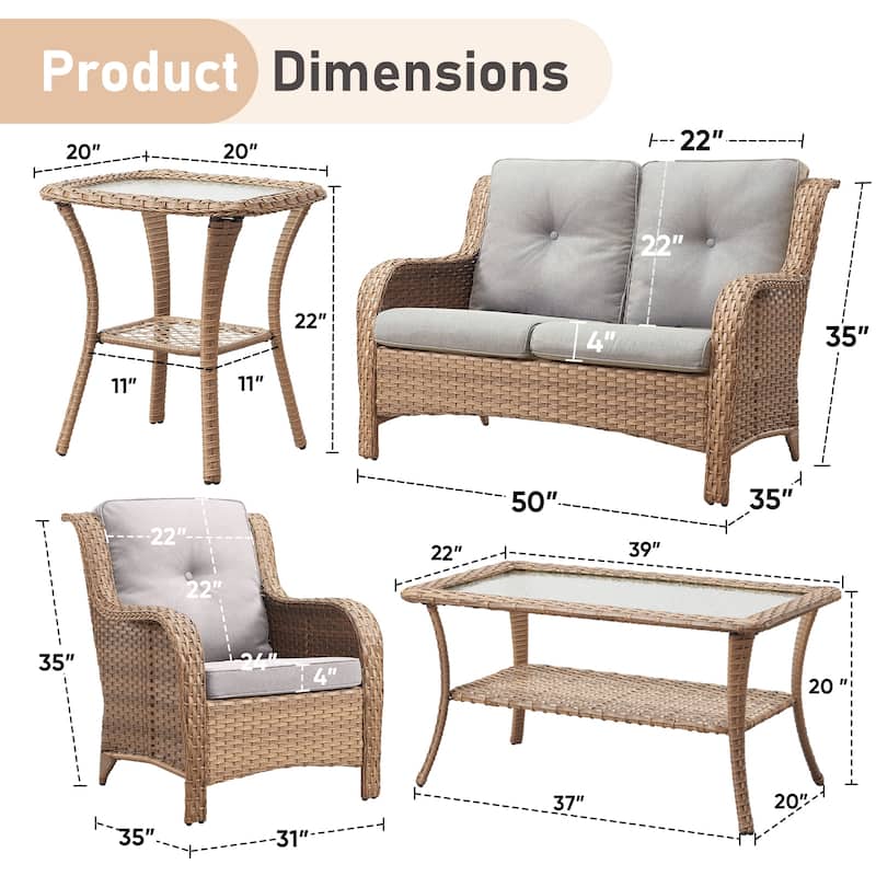 Pocassy 5 Pieces Outdoor Patio 2-Seat Sofa Chairs with Coffee Table