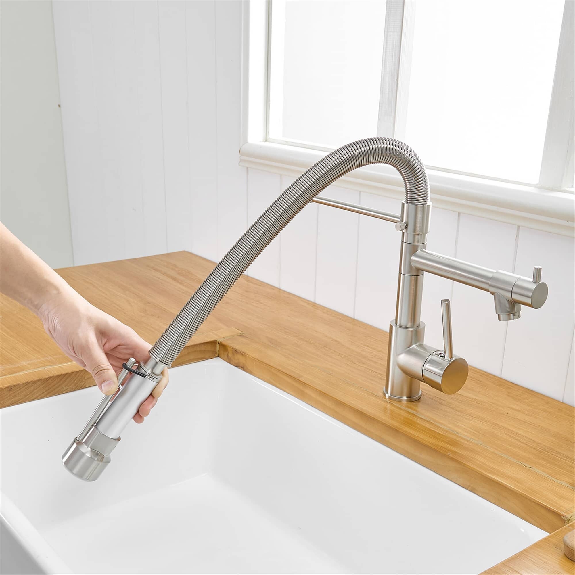 Votamuta Single Handle Brushed Nickel Pull-Down Kitchen Faucet – High Arc With Sprayer