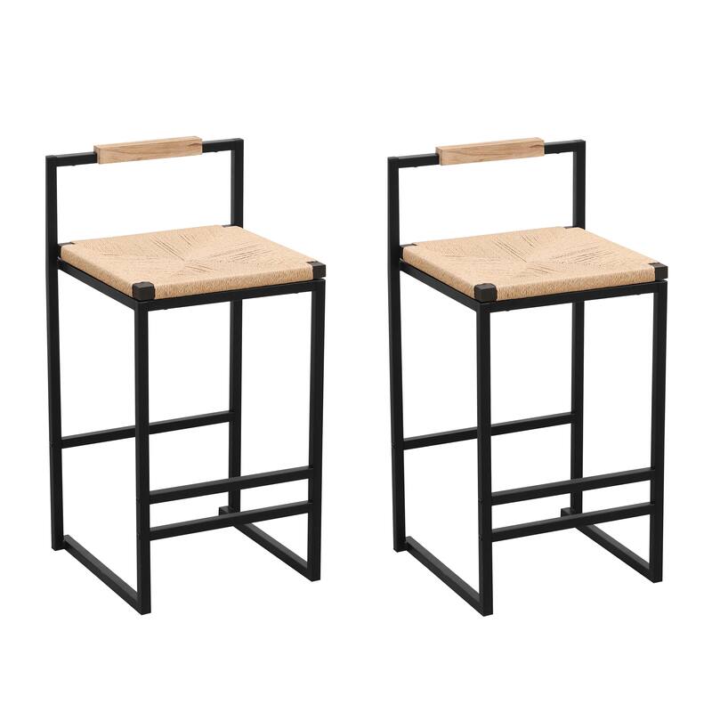 Faux Leather/Water Hyacinth Woven/Paper Rope Woven Upholstered Bar Stools Set of 2