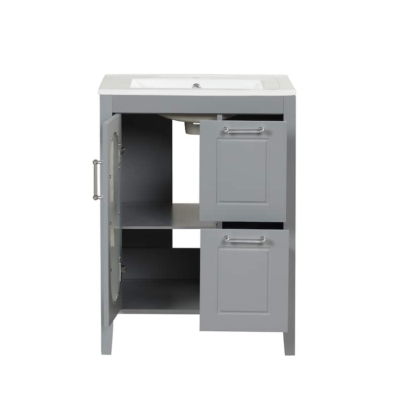 GDFStudio - Emma 24-Inch Bathroom Vanity with Ceramic Sink, Moru Glass Door and Adjustable Storage