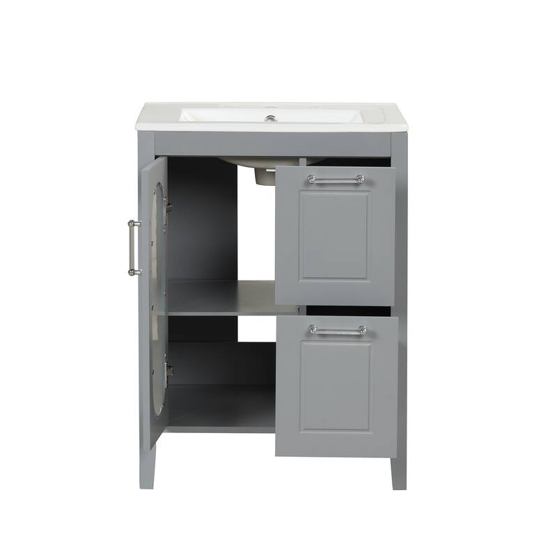 Roomfitters 24" Bathroom Vanity with Sink, Solid Wood Frame & Moru Glass Door, 2 Drawers & Adjustable Shelf