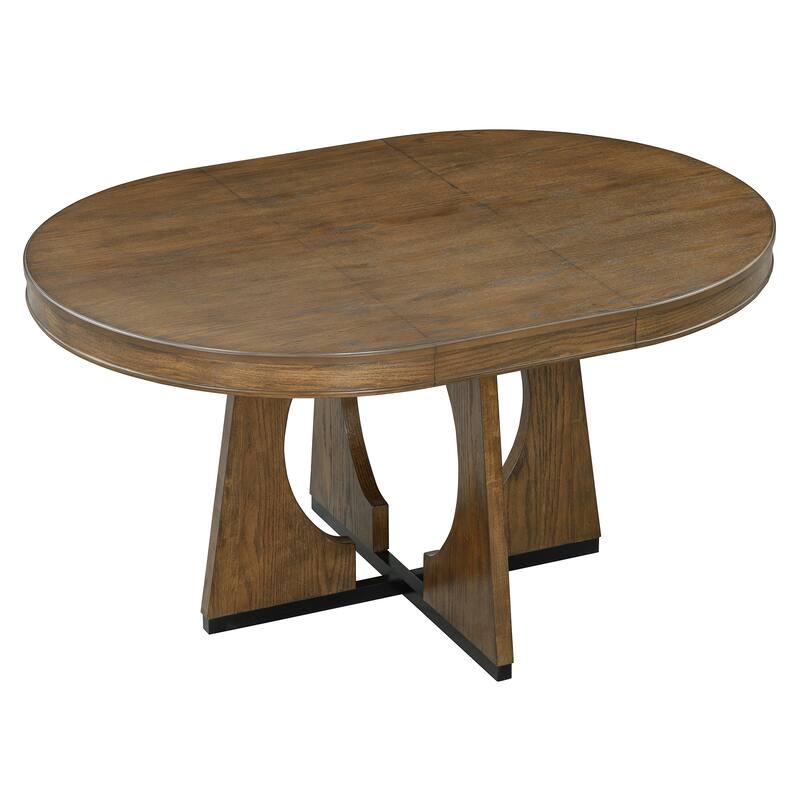 5-Piece Retro Dining Table Set, Extendable Round Table with Removable Leaf