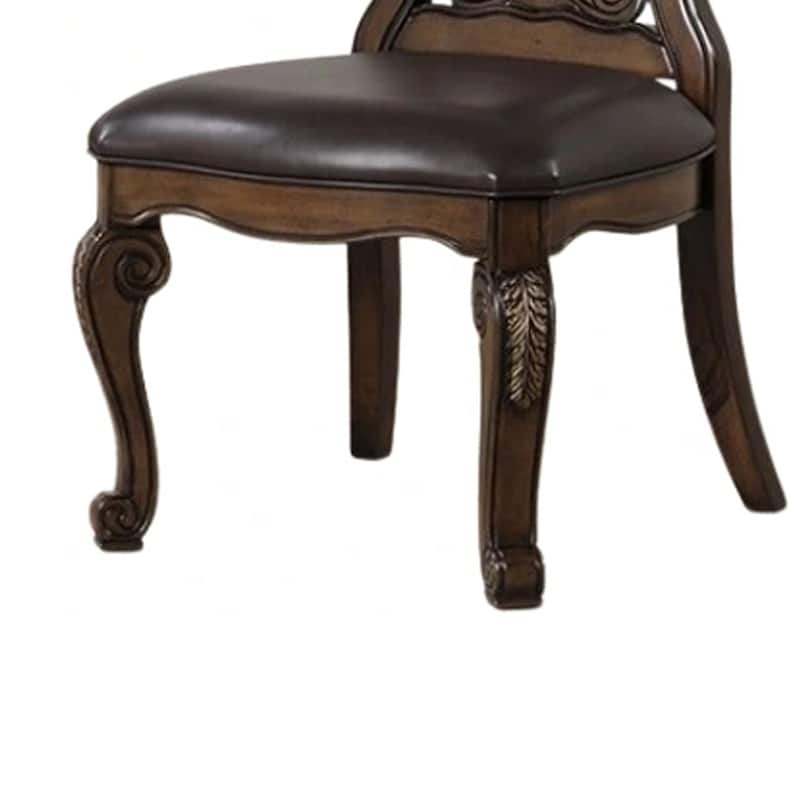 Leova Side Dining Chair Set of 2, Carved Corbels, Gold Tip Crown, Brown Wood