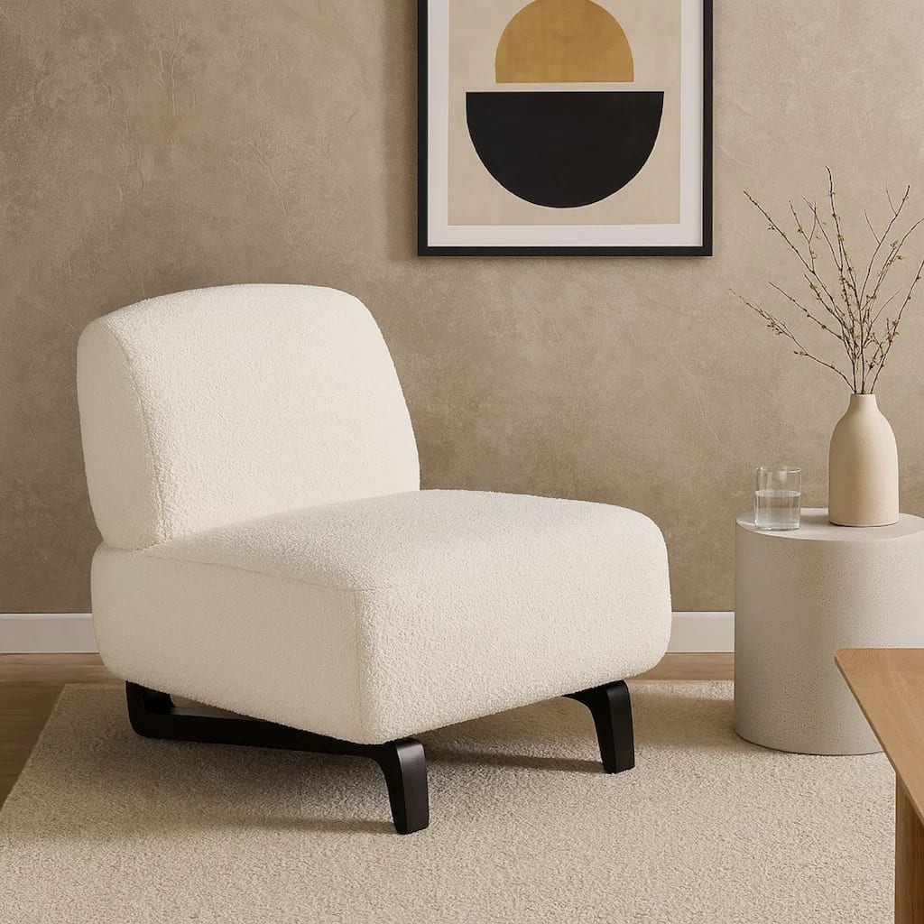 Ikka 30 Inch Padded Armless Chair Crisp White Faux Sheepskin Upholstery