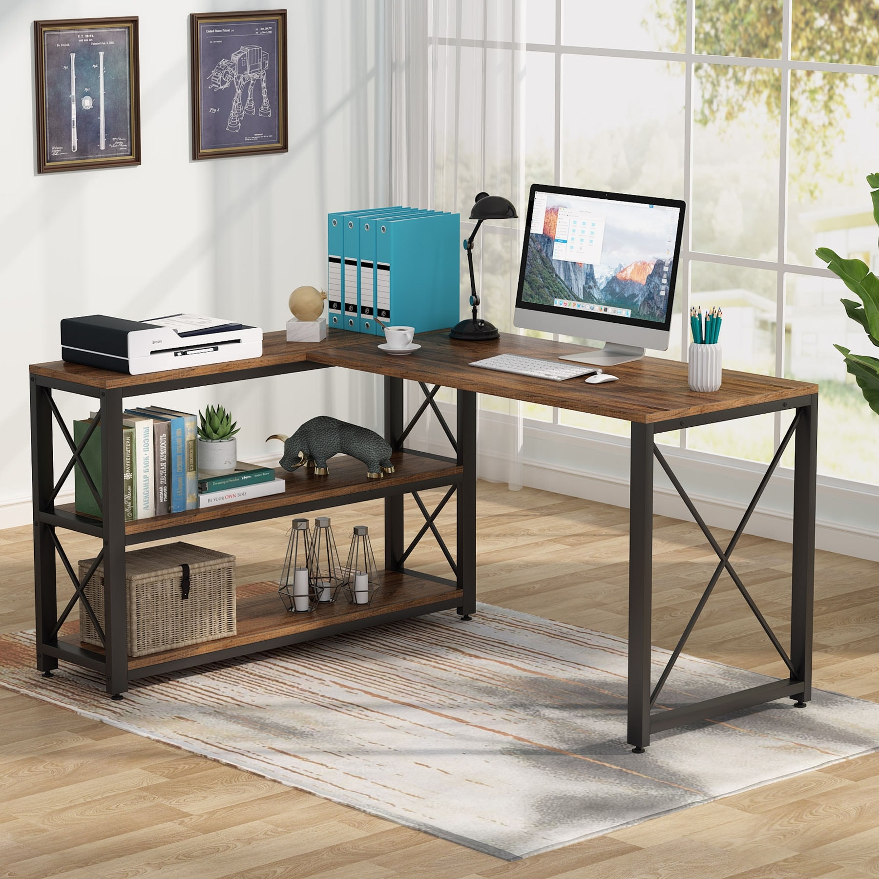 Two Person L Shaped Desk with Adjustable Shelves Light Oak