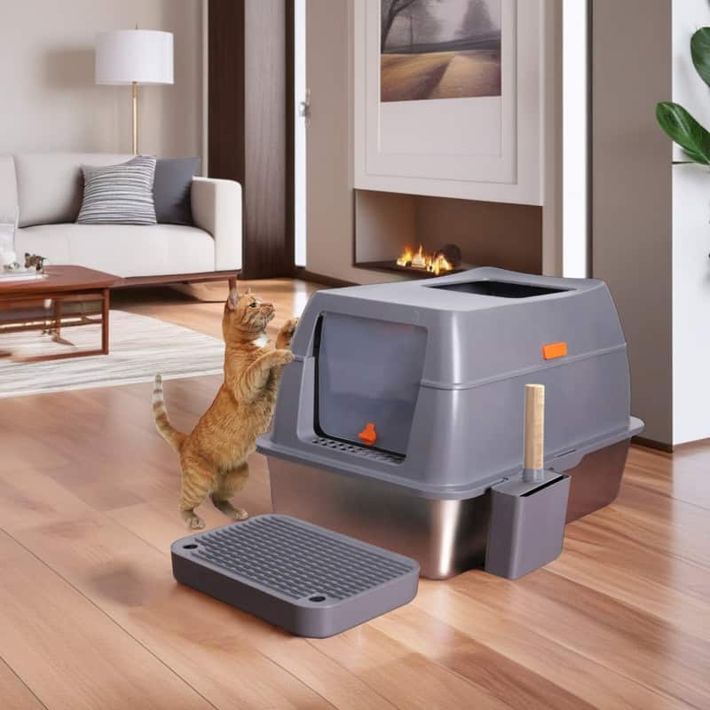 Extra Large Enclosed Stainless Steel Cat Litter Box Metal Litter Tray