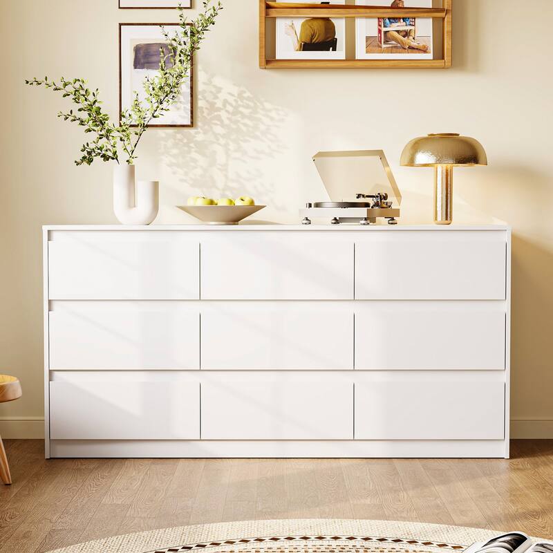63" Modern 9-Drawer Dresser for Bedroom, Wide White Chest of Drawers, Large Storage Cabinet for Clothes Organization