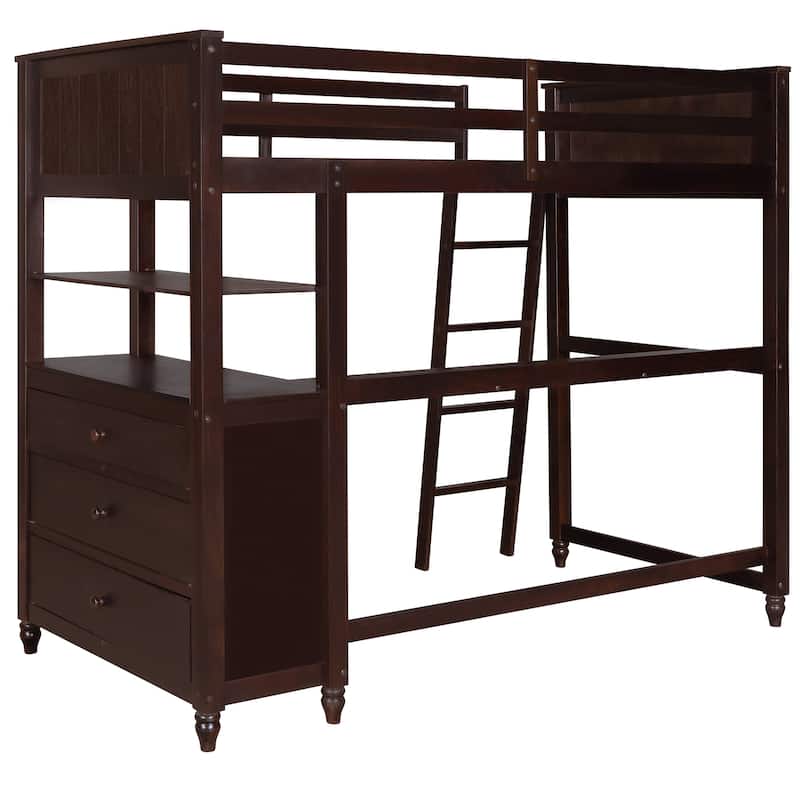 Twin size Loft Wooden Bed Frame Full Length Guard Rails,Ladder,with Drawers,Shelves and Desk,for Child Teen