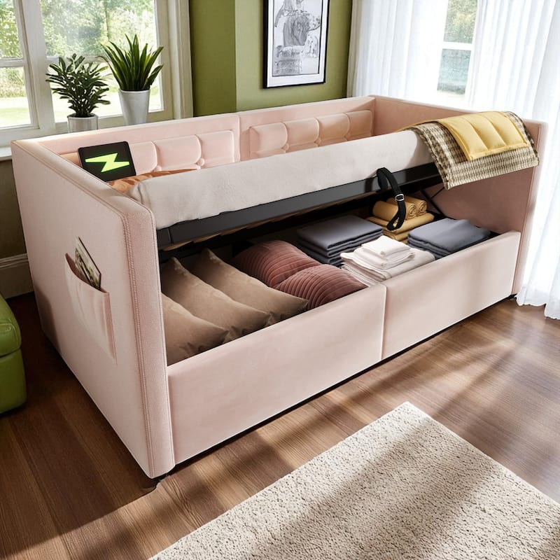 Upholstered Twin Daybed with Hydraulic Storage, USB & Type-C Charging, Velvet Frame with Wooden Slats