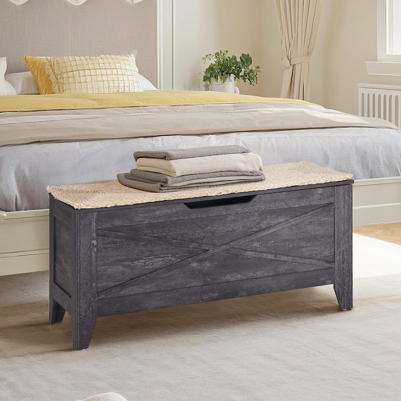 30/43.3 Inch Multi-Purpose Ottoman with Storage Flip Top Ottoman Bench with Hand Weave Poufs Padded for Bedroom Living Room