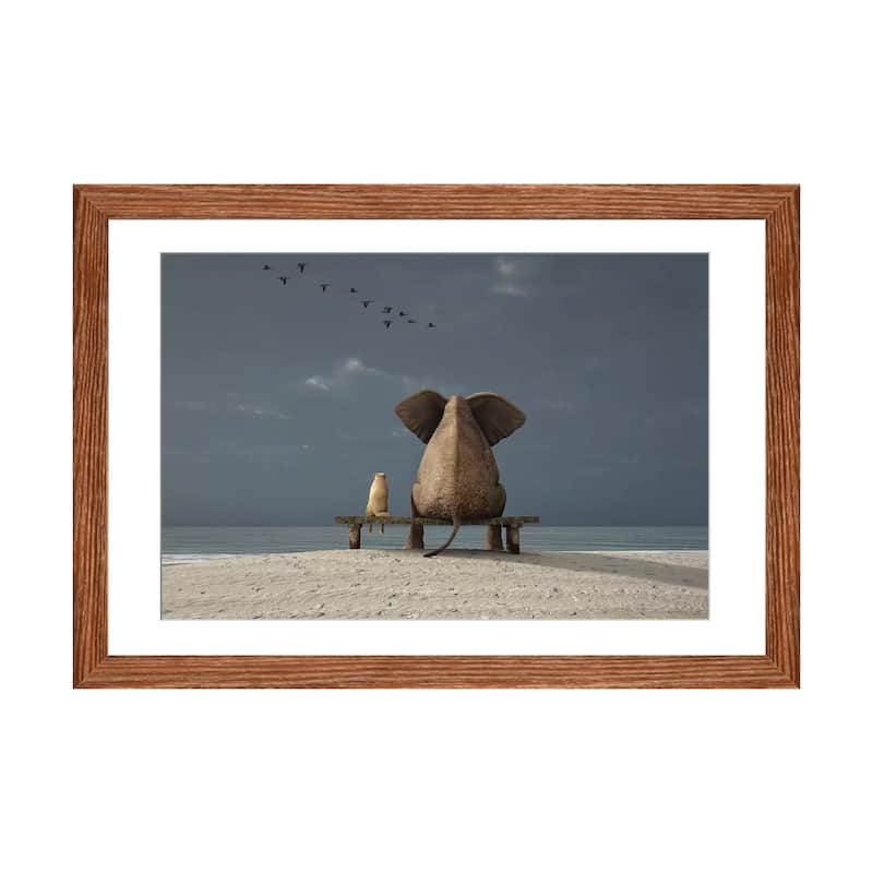 iCanvas "Elephant And Dog Sit On A Beach" by Mike Kiev - Walnut - 16x24x1