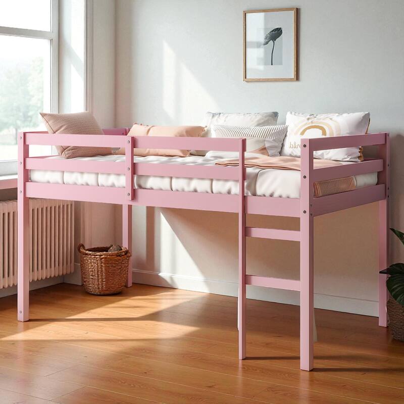 Solid Wood Twin Loft Bed with Ladder, Rubber Wood Frame Low Height Design with Guard Rails and Storage Space - Pink - Twin