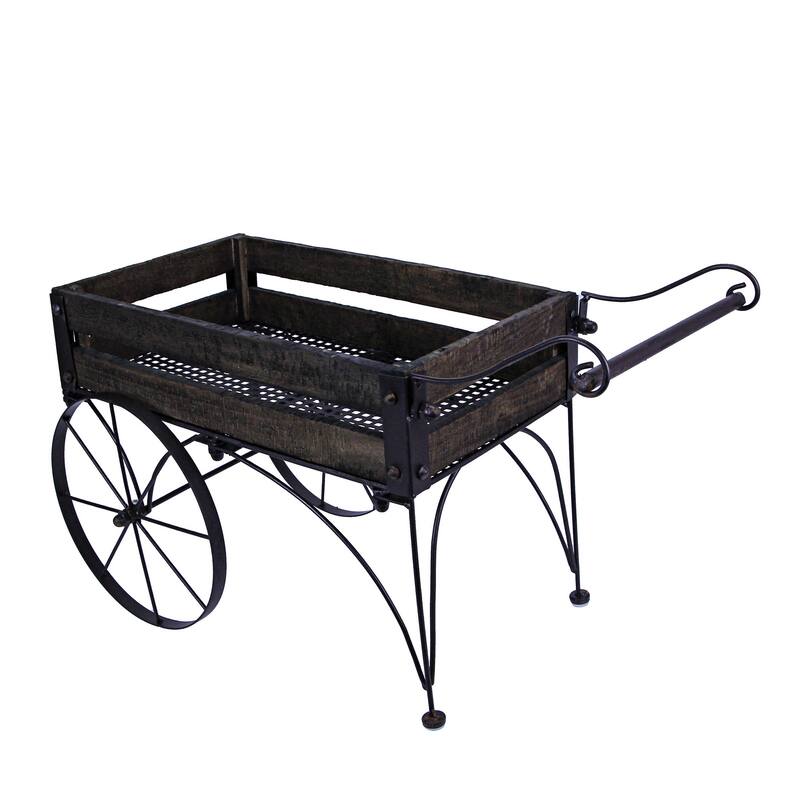 Zeckos 24 Inch Brown Wood & Metal Wagon Planter Indoor/ Outdoor - 15.5 X 24.5 X 13.5 inches