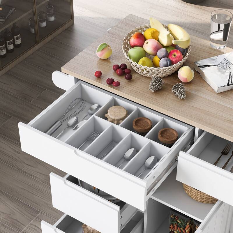 Kitchen Island with 8 Handle-Free Drawers, Rubber Wood Top, Flatware Organizer & 5 Wheels for Storage & Organization