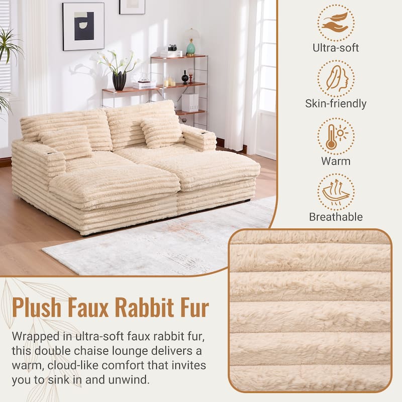 83.5" Oversized Double Chaise Sofa Bed - Plush Cloud Couch w/ USB Ports, Cup Holders & 2 Pillows, Upholstered Sleeper
