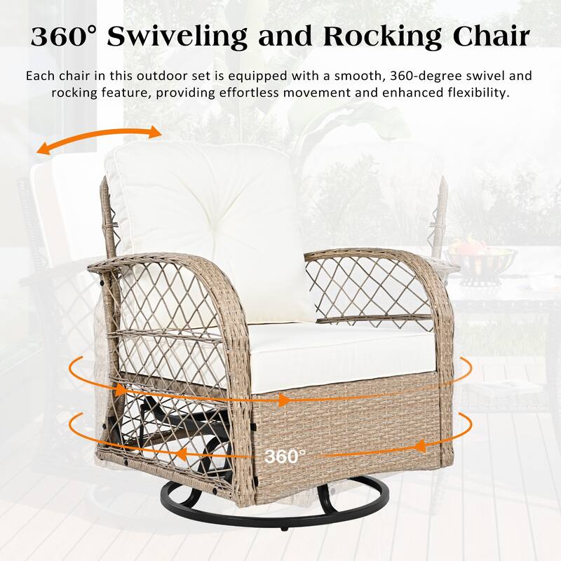 3-Piece Outdoor Chair Table Set Chat with Square Table & 2 Swiveling Chairs Set 2-person Rattan Seating Group for Garden