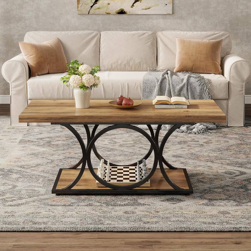 47.24-inch Rectangle Coffee Table for Living Room, 2-Tier Wooden Coffee Table with Geometric Metal Legs