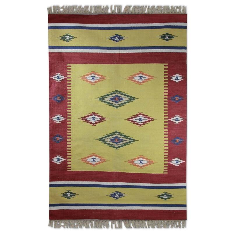 Handmade Morning Star Cotton dhurrie rug (India ) - Big