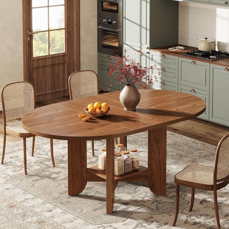 59-Inch Wood Oval Dining Table with Storage Shelf for 4-6