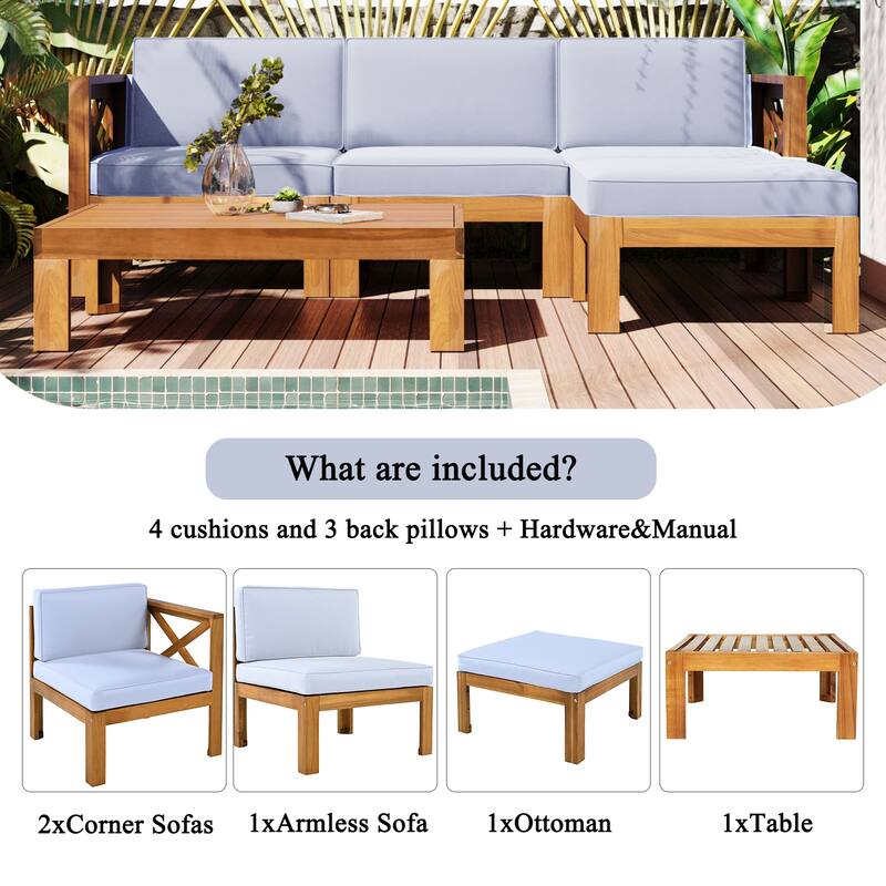 5-Piece Outdoor Patio Solid Wood Sectional Sofa with Coffee Table and Cushions
